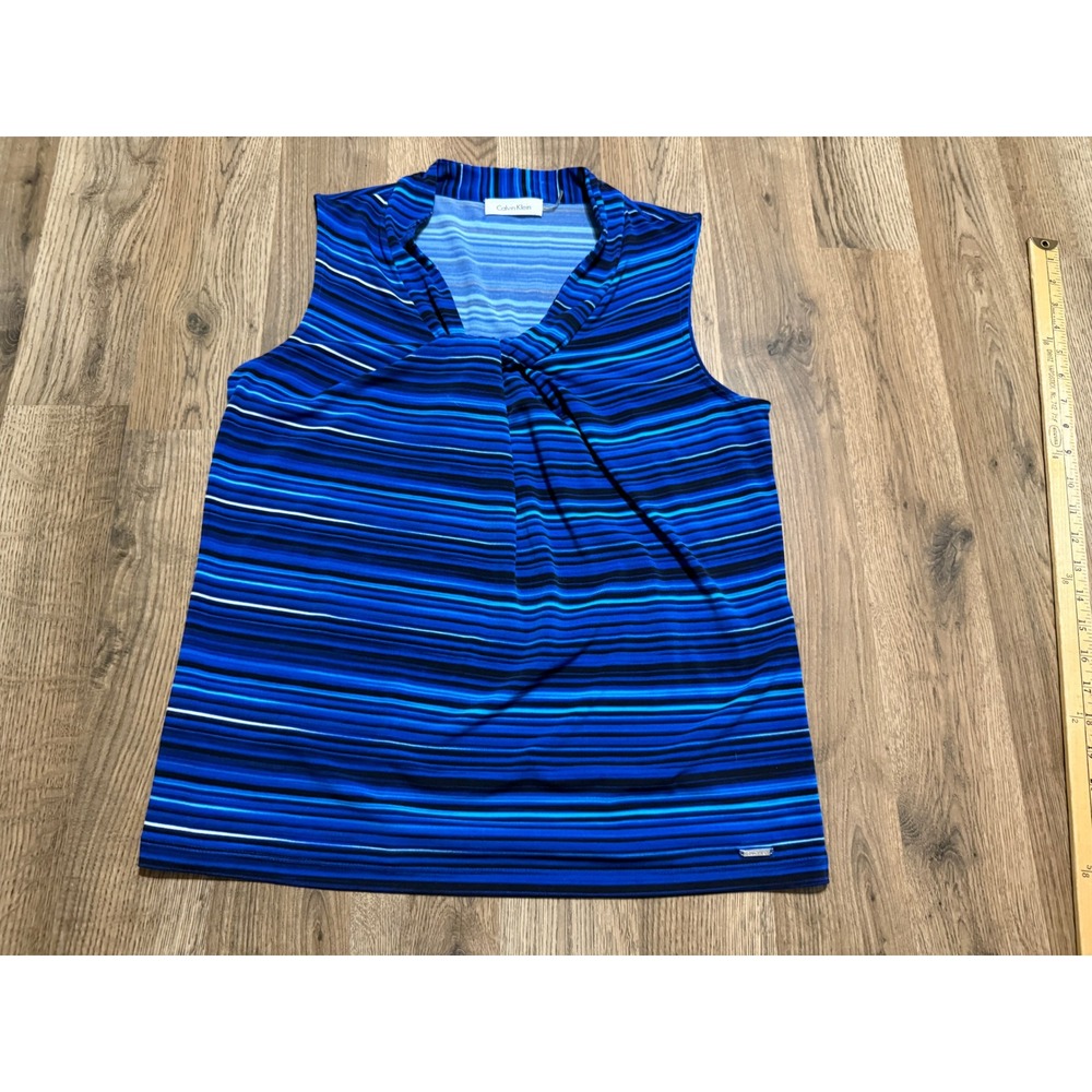 Calvin Klein Shirts Women Large Blue Sleeveless Striped Twist Front